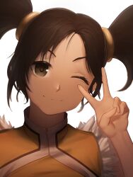 1girl absurdres black_eyes closed_mouth commentary dress english_commentary frilled_dress frills hand_up highres ling_xiaoyu looking_at_viewer medium_hair numanoan one_eye_closed portrait simple_background smile solo tekken twintails v v_over_eye white_background yellow_dress