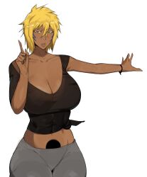 1girl black_shirt bleach blonde_hair bracelet breasts collarbone colored_eyelashes dr_octojuice espada facial_mark female_focus green_eyes highres hollow_hole jewelry large_breasts pants shirt simple_background tier_harribel white_background