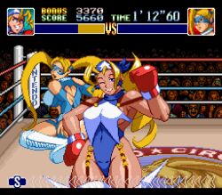 Rule 34 | 2girls, bare shoulders, blonde hair, blue eyes, boxing gloves, boxing ring, breasts, capcom, company connection, crossover, defeat, from behind, headband, highleg, highleg leotard, highres, justice gakuen, large breasts, leotard, long hair, mask, multiple girls, nakamanga, nintendo, one eye closed, pixel art, ponytail, punch-out!!, rainbow mika, sideboob, sleeveless, street fighter, street fighter zero (series), super punch-out!!, tiffany lords, twintails, very long hair, wrestling outfit