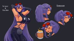 1girl absurdres alcohol armpits arms_up belt black-framed_eyewear black_gloves blush buttslayer reference_sheet closed_mouth collarbone covered_collarbone cross cup dark-skinned_female dark_skin drunk earrings english_text multiple_expressions eyelashes eyeshadow eyewear_on_head flying_sweatdrops gloves grey_background hair_between_eyes half-closed_eyes highres holding holding_cup jewelry long_eyelashes long_hair makeup mug multiple_views muscular muscular_female navel original ponytail pouch purple_hair red-tinted_eyewear red_eyeshadow scar scar_on_face scar_on_nose shiny_clothes simple_background skindentation smile spiked_gloves spikes sweatdrop tinted_eyewear very_long_hair yellow_eyes zipper zipper_pull_tab