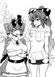 2girls angry belt blush bow breasts cowboy_shot crossed_arms dress drill_hair earrings eyewear_on_head fire greyscale hair_bow hair_ribbon hat highres himajin_noizu hood hoodie jacket jacket_on_shoulders jewelry large_breasts long_hair mini_hat mini_top_hat monochrome multiple_girls necklace open_mouth pendant ribbon short_sleeves skirt small_breasts standing sunglasses top_hat touhou twin_drills yorigami_jo&#039;on yorigami_shion
