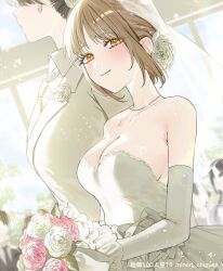 2girls black_hair blurry blurry_background bouquet breasts bridal_veil brooch brown_hair chigusa_minori cleavage collarbone commentary_request dress elbow_gloves eshi_100_nin_ten flower flower_brooch gloves hair_flower hair_ornament holding holding_bouquet jacket jewelry large_breasts multiple_girls necklace necktie original people pink_flower pink_rose rose shirt short_hair veil wedding wedding_dress white_dress white_flower white_gloves white_jacket white_necktie white_rose white_shirt wife_and_wife yuri