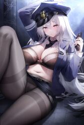1girl absurdres arm_up belt black_belt black_bra black_necktie black_panties black_pantyhose black_skirt blue_coat blush bow bow_bra bra breasts chain cleavage coat collar collared_shirt commentary_request hair_between_eyes hand_up hat highres holding holding_walkie-talkie jihua_tong knee_up large_breasts lingerie long_hair long_sleeves looking_at_viewer navel necktie on_floor open_clothes open_coat original panties panties_under_pantyhose pantyhose pencil_skirt police police_hat police_uniform reclining red_eyes shirt sitting skirt solo stomach sweat thighs torn_clothes torn_shirt torn_skirt underwear very_long_hair walkie-talkie white_collar white_hair white_shirt wing_collar