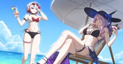 Rule 34 | 2girls, absurdres, alternate costume, bikini, bracelet, breasts, cleavage, commentary, commission, drink, flower, glasses, hat, highres, honkai: star rail, honkai (series), jade (honkai: star rail), jewelry, looking at viewer, luyue, multiple girls, pixiv commission, sky, swimsuit, thigh strap, topaz (honkai: star rail), umbrella, water