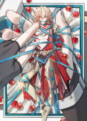 2boys abs arm_tattoo armlet armor armored_boots black_coat black_gloves black_pants blonde_hair blush boots bound braid cape chest_tattoo chinese_commentary coat commentary_request earrings facial_tattoo fingerless_gloves food fruit gag gloves gold_earrings gold_necklace gradient_hair hair_between_eyes highres holding holding_mini_person honkai_(series) honkai_impact_3rd improvised_gag jewelry male_focus medium_hair mini_person miniboy multicolored_hair multiple_boys mydei_(honkai:_star_rail) necklace open_clothes open_coat pants pauldrons phainon_(honkai:_star_rail) pomegranate red_cape red_hair red_tattoo restrained shoulder_armor side_braid single_glove single_pauldron tattoo toned toned_male yaoi yellow_eyes yyyyy2016