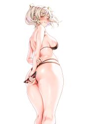 1girl absurdres alternate_costume arms_behind_back ass bikini black_bikini blonde_hair blush breasts burnice_white commentary feet_out_of_frame from_behind hair_ornament highres holding holding_phone kneepits large_breasts looking_at_viewer looking_back machulanko phone red_eyes sideboob simple_background smile solo standing sweat swimsuit thick_thighs thighs two_side_up white_background zenless_zone_zero