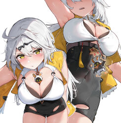 1girl absurdres armpits bangboo_(zenless_zone_zero) between_breasts black_shorts blush breasts commentary eous_(zenless_zone_zero) from_below hair_ornament hairclip high-waist_shorts highres jacket large_breasts leaning_forward looking_at_viewer mole mole_on_breast multiple_views outline parted_lips reaching reaching_towards_viewer shorts vincent_leo white_hair white_outline yellow_eyes yellow_jacket yi_xuan_(zenless_zone_zero) yin_yang_pin zenless_zone_zero