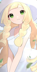 1girl absurdres blonde_hair closed_mouth collared_dress commentary dress falling_leaves green_eyes hat highres kurumiya_(krmy_p) leaf lillie_(pokemon) long_hair nintendo pokemon pokemon_sm signature sleeveless sleeveless_dress smile solo sun_hat white_dress white_hat