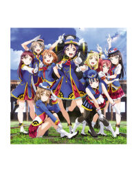 6+girls :d aqua_eyes arm_up artbook black_hair blonde_hair blue_eyes blue_hair blue_sky boots braid brown_hair cloud day full_body gloves grass grey_hair hair_bun hair_ornament hand_on_own_knee happy_party_train hat highres index_finger_raised kunikida_hanamaru kurosawa_dia kurosawa_ruby leaning_forward long_hair looking_at_viewer love_live! love_live!_sunshine!! matsuura_kanan miniskirt mole mole_under_mouth multiple_girls non-web_source official_alternate_costume official_art ohara_mari open_mouth orange_hair outdoors pantyhose pleated_skirt pointing purple_eyes purple_hair red_eyes red_hair red_skirt sakurauchi_riko salute short_hair sitting skirt sky sleeveless smile standing takami_chika tsushima_yoshiko watanabe_you white_gloves yellow_eyes