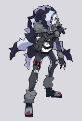 1boy black_gloves black_hair black_nails cosplay eyeshadow fingerless_gloves full_body fur_collar fur_trim gen_8_pokemon gloves green_eyes grey_background grey_eyeshadow grey_footwear grey_jacket grey_pants highres holding holding_microphone jacket jewelry long_hair makeup male_focus microphone multicolored_hair nintendo obstagoon obstagoon_(cosplay) open_mouth pants piers_(pokemon) pokemon pokemon_swsh ring shiba_dzuke shirt simple_background solo standing striped_clothes striped_shirt tongue tongue_out two-tone_hair undercut white_hair