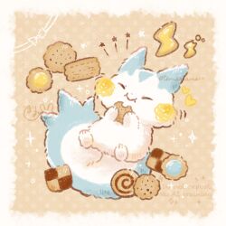 :i border brown_background checkerboard_cookie closed_eyes closed_mouth commentary_request cookie eating english_text facing_viewer food full_body gen_4_pokemon grey_border heart highres holding holding_food lightning_bolt_symbol nintendo no_humans pachirisu pokemon pokemon_(creature) signature solo squirrel star_(symbol) temariame14 twitter_username watermark