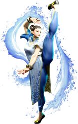 1girl 3d arm_up black_footwear black_hair blue_dress blue_pants bracelet brown_eyes brown_hair capcom character_profile chest_cutout china_dress chinese_clothes chun-li commentary double_bun dress earrings english_commentary eyeliner eyeshadow female_focus fighting_stance flats full_body gold_trim hair_bun hair_pulled_back hair_ribbon high_kick highres jewelry kicking leg_lift lips makeup official_art pants red_eyeshadow ribbon short_hair short_sleeves simple_background solo split standing standing_on_one_leg standing_split street_fighter street_fighter_6 thick_thighs thighs tight_clothes tight_pants tiptoes transparent_background white_background white_dress
