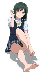 1girl bare_legs barefoot black_vest blue_shirt blue_skirt collared_shirt commentary dress_shirt fang fang_out full_body green_hair highres light_blush looking_at_viewer love_live! love_live!_nijigasaki_high_school_idol_club medium_hair mifune_shioriko miniskirt neck_ribbon nijigasaki_school_uniform orange_eyes plaid_clothes plaid_skirt pleated_skirt ribbon sano_keiichi school_uniform shirt short_sleeves simple_background skirt smile soles solo summer_uniform toes vest white_background yellow_ribbon