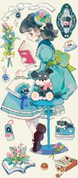 1girl aqua_dress aqua_theme bag bagel beads bird black_hair black_shoes blue_flower bone_hair_ornament book bouquet bow box charm_(object) classic_lolita closed_mouth cup dog dress dress_bow earrings expressionless flower full_body green_background green_bow hair_ornament hat hat_flower highres holding holding_book inkwell jewelry juliet_sleeves lolita_fashion long_sleeves looking_at_viewer looking_to_the_side mary_janes medium_hair open_book original pink_flower plaid_clothes plaid_headwear profile puffy_sleeves putong_xiao_gou quill red_flower red_lips ribbon saucer shoe_soles shoes simple_background sitting socks solo stool stud_earrings stuffed_animal stuffed_dog stuffed_toy tag teacup white_bow white_ribbon white_socks yellow_flower