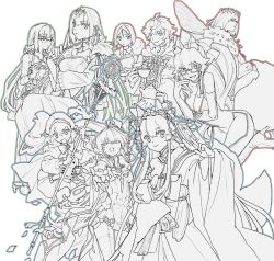 3boys 6+girls adjusting_eyewear ahoge animal_ears arm_under_breasts artoria_caster_(fate) artoria_caster_(second_ascension)_(fate) artoria_pendragon_(fate) bare_shoulders bell blue_outline bodysuit book bow bowtie breasts cape cleavage cloak closed_mouth crown cup dragonfly_wings dress elbow_gloves fate/grand_order fate_(series) fox_ears fox_girl fox_tail fur-trimmed_cape fur-trimmed_dress fur_trim glasses gloves green_outline hair_between_eyes hair_bow hair_ornament hair_ribbon hair_scrunchie hairpin halterneck hat high_heels highres holding holding_cup holding_ofuda holding_staff holding_teapot holding_wand jacket japanese_clothes jewelry kimono koyanskaya_(assassin)_(first_ascension)_(fate) koyanskaya_(fate) lady_avalon_(fate) lady_avalon_(first_ascension)_(fate) long_hair long_sleeves looking_at_another looking_at_viewer m_12170 merlin_(fate) merlin_(fate/prototype) monochrome multiple_boys multiple_girls multiple_tails necklace necktie oberon_(fate) off_shoulder ofuda open_book open_mouth outline outstretched_hand partially_unzipped petals ponytail puffy_long_sleeves puffy_sleeves red_outline ribbon scathach_(fate) scathach_skadi_(fate) scathach_skadi_(swimsuit_ruler)_(fate) scathach_skadi_(swimsuit_ruler)_(second_ascension)_(fate) scrunchie short_hair simple_background skirt sleeves_past_fingers sleeves_past_wrists smile spot_color staff tail tamamo_(fate) tamamo_no_mae_(fate/extra) tamamo_no_mae_(third_ascension)_(fate) teacup teapot tiara twintails wand waver_velvet white_background wide_sleeves