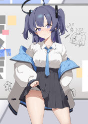 1girl absurdres arona_(blue_archive) black_halo black_skirt blue_archive blue_necktie breasts clothes_lift cowboy_shot hair_ornament halo highres hoshi_kitsune jacket jacket_partially_removed large_breasts lifting_own_clothes long_sleeves looking_at_viewer mechanical_halo miniskirt necktie no_panties pleated_skirt purple_eyes purple_hair red_pupils shirt skirt skirt_lift solo standing triangle_hair_ornament two-sided_fabric two-sided_jacket two_side_up white_shirt yuuka_(blue_archive)