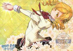 Rule 34 | 1girl, 2025, artist name, black skirt, blonde hair, bow, bowtie, dated, drill hair, english text, flower, hair ornament, jewelry, mahou shoujo madoka magica, mahou shoujo madoka magica (anime), mitakihara school uniform, mori obi, own hands together, plaid clothes, plaid skirt, puffy sleeves, red bow, red bowtie, ring, school uniform, signature, skirt, smile, solo, tomoe mami, twin drills, upper body, watermark, white flower