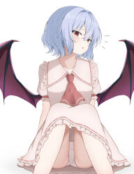 1girl :o absurdres arms_at_sides ascot bat_wings blue_hair blush cameltoe commentary_request eyelashes frilled_shirt_collar frilled_skirt frilled_sleeves frills hair_between_eyes hair_intakes highres knees_up looking_at_viewer medium_hair no_headwear notice_lines open_mouth paid_reward_available panties puffy_short_sleeves puffy_sleeves red_ascot red_eyes remilia_scarlet ribbon-trimmed_skirt ribbon_trim shirt short_sleeves simple_background sitting skirt slit_pupils solo szl touhou tsurime underwear variant_set white_background white_panties white_shirt white_skirt wings