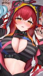Rule 34 | 1girl, absurdres, animal hood, belt, bikini, black belt, black bikini, black collar, black jacket, black nails, black shrug, blue jacket, blush, breasts, chest belt, cleavage, collar, female pov, goggles, grey bikini, held down, highres, holding hands, hood, hood up, interlocked fingers, jacket, kurumi noah (6th costume), large breasts, long hair, long sleeves, looking at viewer, lying, multicolored hair, navel, nekota tsuna, nekota tsuna (1st costume), on back, open clothes, open jacket, open mouth, orange eyes, orange hair, paint splatter, phioneko, pink jacket, pov, red hair, restrained, shrug (clothing), simple background, solo focus, stomach, streaked hair, striped bikini, striped clothes, striped jacket, sweat, swimsuit, torogao, upper body, virtual youtuber, vspo!, yuri, zipper