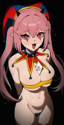 1girl arms_behind_back between_breasts black_background blush breasts card card_between_breasts collar fang hair_between_eyes hair_intakes hat highres jester jester_cap liminal0803 linea_alba looking_at_viewer maebari makeup naked_ribbon navel open_mouth original paid_reward_available pink_hair playing_card pointy_ears red_eyes ribbon simple_background solo spiked_collar spikes stomach sweat twintails