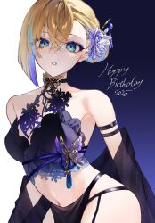 Rule 34 | 1girl, 2025, arm strap, blonde hair, bug, butterfly, butterfly ornament, character request, copyright request, eyeshadow, flower, hair flower, hair ornament, happy birthday, highres, insect, makeup, multicolored hair, navel, nogi (nokisaki), purple butterfly, purple eyeshadow, solo, streaked hair