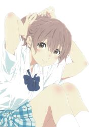 Rule 34 | 1girl, absurdres, artist request, blush, brown eyes, highres, koe no katachi, looking at viewer, nishimiya shouko, official art, pink hair, plaid clothes, plaid skirt, ponytail, school uniform, sitting, skirt, smile, solo, textless version, tying hair, white background