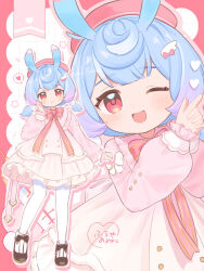 1girl ;d absurdres alternate_costume animal_ears black_shoes blue_hair blush bow bowtie closed_mouth commentary double_finger_gun dress finger_gun furuya_ame genshin_impact gradient_hair hair_ornament hand_up hat heart highres long_hair long_sleeves looking_at_viewer melusine_(genshin_impact) multicolored_hair multiple_views one_eye_closed open_mouth own_hands_together pink_hair pink_sleeves pom_pom_(clothes) pom_pom_hair_ornament red_bow red_bowtie red_eyes red_hat shoes sigewinne_(genshin_impact) smile speech_bubble spoken_heart standing twitter_username white_dress