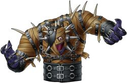 1boy artist_request bandaged_chest bandaged_head bandages black_nails chain colored_skin dragon_quest dragon_quest_tact dragon_quest_x fingernails game_cg harness head_spikes looking_at_viewer male_focus monster monster_focus official_art one_eye_covered open_mouth purple_skin ragebarus red_eyes sharp_fingernails sharp_teeth solo spikes teeth third-party_source tongue upper_body