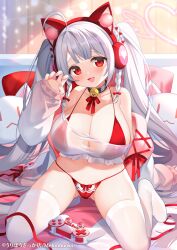 Rule 34 | 1girl, ahoge, animal ear headphones, animal ears, bare shoulders, bedroom, bell, bikini, braided sidelock, breasts, cameltoe, cardigan, cat ear headphones, choker, cleavage, collarbone, crop top, fake animal ears, frilled shirt, frills, grey hair, headphones, huge breasts, jingle bell, kurot, large breasts, long hair, long sleeves, looking at viewer, navel, neck bell, off-shoulder shirt, off shoulder, on bed, open cardigan, open clothes, open mouth, original, red bikini, red eyes, see-through clothes, shirt, sidelocks, sitting, smile, solo, string bikini, swimsuit, thighhighs, twintails, very long hair, wariza, white hair, white thighhighs