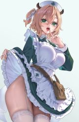 1girl animal_ears apron athenawyrm bag blonde_hair breasts clothes_lift dress dress_lift garter_straps green_dress green_eyes hat highres indie_virtual_youtuber large_breasts nimi_nightmare nurse nurse_cap open_mouth panties satchel side_ponytail solo tapir_ears tapir_girl thighhighs underwear virtual_youtuber white_apron white_panties white_thighhighs