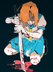 Rule 34 | 1girl, aqua eyes, aqua sailor collar, aqua skirt, black background, black shoes, blood, blood on arm, blood on clothes, blood on face, blood on ground, bloody weapon, cleaver, full body, hair over one eye, highres, higurashi no naku koro ni, holding, holding cleaver, holding knife, j.r. doyle, kneeling, knife, necktie, orange hair, pleated skirt, puffy short sleeves, puffy sleeves, ryuuguu rena, sailor collar, school uniform, shirt, shoes, short hair, short sleeves, skirt, socks, solo, weapon, white shirt, white socks, yellow necktie