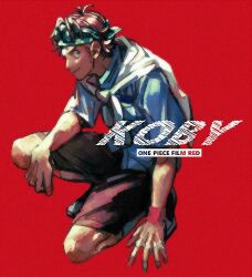 1boy blue_shirt character_name copyright_name full_body goggles goggles_on_headwear jacket_around_neck kalk0011 koby_(one_piece) looking_at_viewer male_focus on_one_knee one_piece one_piece_film:_red red_background shirt short_hair shorts solo wristband