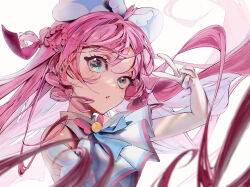 Rule 34 | 1girl, blurry, blurry foreground, bow, braid, cure prism, depth of field, elbow gloves, floating hair, gloves, green eyes, hair bow, hirogaru sky! precure, long hair, looking at viewer, magical girl, mv pxn, nijigaoka mashiro, pink hair, precure, simple background, solo, upper body, v, white background, white gloves