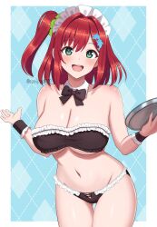 Rule 34 | 1girl, bare shoulders, bikini, black bikini, blush, breasts, cleavage, detached collar, dolphin hair ornament, dolphin wave, frilled bikini, frills, green eyes, hair ornament, hair scrunchie, highres, holding, holding tray, large breasts, looking at viewer, maid, maid bikini, maid headdress, navel, open mouth, red hair, sakimiya iruka, scrunchie, side ponytail, smile, solo, surippa1010, swimsuit, tray, unconventional maid, wrist cuffs