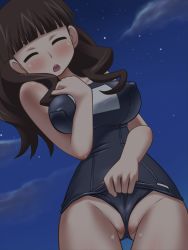 1girl awa brown_hair clothes_pull frontal_wedgie mitsudomoe_(manga) one-piece_swimsuit_pull sugisaki_marina swimsuit wedgie