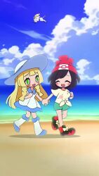 2girls animated blonde_hair chibi creatures_(company) game_freak green_eyes kakk_e lillie_(pokemon) multiple_girls nintendo ocean pokemon pokemon_sm selene_(pokemon) video water