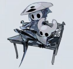 1boy 1other bench black_skin colored_skin grey_cloak holding holding_map holding_quill hollow_knight horned_mask knight_(hollow_knight) map mask mask_on_head quill quirrel rdif_hk simple_background sitting white_background white_mask