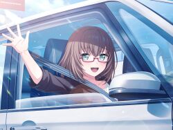 1girl :d bang_dream! black_jacket blush brown_hair car day driving glasses green_eyes jacket lens_flare looking_at_viewer medium_hair motor_vehicle official_art open_mouth pink-framed_eyewear semi-rimless_eyewear smile solo steering_wheel teeth third-party_source under-rim_eyewear upper_teeth_only waving yamato_maya