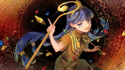 1girl belt blue_eyes blue_hair blunt_bangs brown_shirt crystal earrings facial_mark gem gensou_aporo highres holding holding_polearm holding_weapon jewelry key_earrings long_hair looking_at_viewer michigami_nareko polearm shirt smile solo sphere_hair_ornament touhou triangle triangle_facial_mark weapon