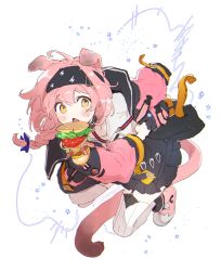 1girl animal_ears arknights bacon black_skirt blue_bow bow braid burger cat_ears cat_girl cat_tail character_name dal-gi dressing floating floppy_ears food full_body garter_straps goldenglow_(arknights) hair_bow highres holding holding_jacket holding_unworn_clothes id_card jacket lettuce looking_at_viewer onion open_mouth pink_hair pink_shoes shoes side_braid simple_background skirt sneakers solo tail thighhighs unworn_jacket white_background white_thighhighs yellow_eyes