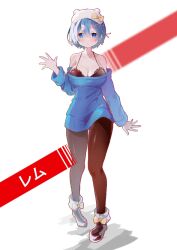 1girl black_pantyhose blue_eyes blue_hair breasts cleavage full_body hair_ornament large_breasts long_sleeves looking_at_viewer off-shoulder_sweater off_shoulder pantyhose re:zero_kara_hajimeru_isekai_seikatsu rem_(re:zero) ribbon short_hair smile solo sweater white_background x_hair_ornament xiaoxiaoxiao