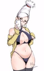 1girl artist_name ayase_seiko beehive_hairdo black_panties black_thighhighs breasts brown_eyes cellphone cigarette cleavage commentary criss-cross_halter dandadan earrings english_commentary glasses halterneck highleg highleg_panties highres holding holding_phone hoop_earrings jewelry large_breasts long_hair looking_at_viewer mature_female navel off_shoulder panties phone red-framed_eyewear relaxjon semi-rimless_eyewear simple_background single_bare_shoulder sleeves_past_wrists smartphone solo stomach swept_bangs tall_hair thighhighs thighs underwear white_background white_hair yellow_card