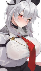 Rule 34 | 1girl, absurdres, alternate breast size, arm under breasts, black choker, black horns, black pants, blush, breasts, button gap, chest harness, choker, closed mouth, commentary, english commentary, grey hair, hair between eyes, harness, has bad revision, has downscaled revision, heart, heart-shaped pupils, highres, horns, huge breasts, kebohan, looking at viewer, md5 mismatch, medium hair, necktie, pants, red eyes, red necktie, resolution mismatch, simple background, solo, source smaller, symbol-shaped pupils, white background, wuthering waves, zani (wuthering waves)