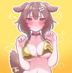 1girl alternate_costume animal_ears artist_name bare_shoulders bikini blush bone_hair_ornament braid breasts breasts_squeezed_together brown_eyes brown_hair brown_tail cleavage collar collarbone dog_ears dog_girl dog_tail ears_down gold_bikini golden_week golden_week_bikini hair_between_eyes hair_ornament highres hololive inugami_korone large_breasts medium_hair navel outline pout red_collar simple_background solo swimsuit tail tkc_(user_snjd8547) twin_braids underboob upper_body virtual_youtuber white_outline yellow_background