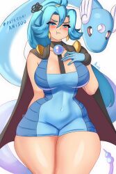 1girl anisdrawn black_cape blue_bodysuit blue_eyes blue_gloves blue_hair blush bodysuit breasts cape clair_(pokemon) closed_mouth dragonair earrings gem gen_1_pokemon gloves hair_between_eyes highres jewelry large_breasts long_hair looking_at_viewer nintendo pearl_(gemstone) pokemon pokemon_(creature) pokemon_hgss ponytail solo tooth_earrings unitard
