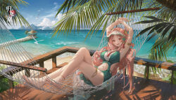 Rule 34 | 1girl, :d, absurdres, anklet, armlet, armpits, arms up, bare arms, bare legs, barefoot, beach, bird, blue sky, breasts, clothing cutout, cloud, copyright name, crossed legs, dappled sunlight, day, full body, green one-piece swimsuit, guilongchao, hair flowing over, hair rings, hammock, highres, jewelry, large breasts, logo, long hair, looking at viewer, lying, mountainous horizon, navel, ocean, official alternate costume, official art, on back, on hammock, one-piece swimsuit, open mouth, outdoors, palm tree, pink hair, railing, red eyes, sand, seagull, side cutout, sky, smile, solo, stomach cutout, sunlight, swimsuit, teeth, tree, tree shade, very long hair, wooden floor, yaoyao (guilongchao)
