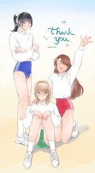 3boys black_hair bloomers blue_bloomers blunt_bangs brown_eyes brown_hair bulge crossdressing crossed_arms glasses green_bloomers grey_eyes hair_ribbon hairband hand_on_another&#039;s_shoulder hands_on_knee headband high_ponytail knees_together_feet_apart lemicon long_hair multiple_boys open_mouth original ponytail red_bloomers ribbon shoes sneakers socks sweater swept_bangs trap underwear waving white_hairband white_headband white_ribbon white_shoes white_socks white_sweater