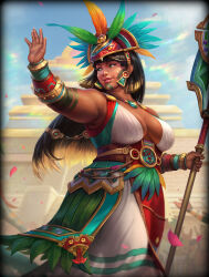 Rule 34 | 1girl, artist request, breasts, brown hair, earrings, green eyes, ix chel (smite), jewelry, long hair, mayan clothes, smite, staff