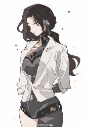 Rule 34 | 1girl, absurdres, android, arms behind back, braid, breasts, brown hair, cowboy shot, dress shirt, half up braid, highres, hl (iamawhitehippo), joints, long hair, looking at viewer, low ponytail, lucy (reverse:1999), metal skin, ponytail, reverse:1999, robot ears, robot girl, robot joints, shirt, sleeves pushed up, solo, watermark, weibo watermark, white background, white shirt, yellow eyes