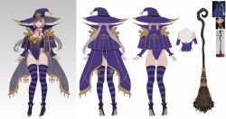 Rule 34 | 1girl, 2022, absurdres, armor, arms at sides, ass, back, black thighhighs, blue footwear, blue hat, blue leotard, blue thighhighs, bob cut, bow, breasts, broom, brown eyes, cape, capelet, claire (under the witch), cleavage, collarbone, commentary, concept art, detached collar, detached sleeves, female focus, frilled leotard, frilled sleeves, frills, from behind, full body, gold trim, gradient hair, grey hair, hair between eyes, hat, high heels, highres, incredibly absurdres, large breasts, leotard, low twintails, multicolored hair, numericgazer, official art, photo-referenced, pink bow, pink lips, shoulder armor, sideways glance, simple background, skindentation, solo, standing, star (symbol), striped clothes, striped thighhighs, thick lips, thick thighs, thighhighs, thighs, twintails, two-tone thighhighs, under the witch, waist cape, white background, witch hat